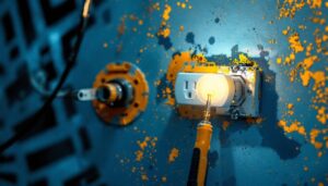 A photograph of a lighting contractor working on a washer wall outlet installation