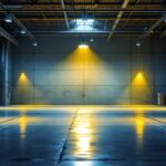 A photograph of a well-lit industrial or commercial space showcasing low bay lights in action
