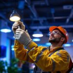 A photograph of a skilled lighting contractor installing energy-efficient led fixtures in a modern workspace