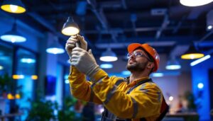 A photograph of a skilled lighting contractor installing energy-efficient led fixtures in a modern workspace