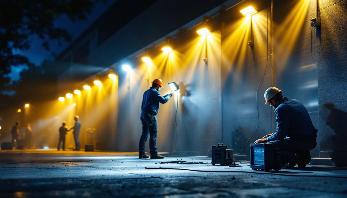 A photograph of a well-lit outdoor space showcasing various led flood lights in action