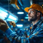 A photograph of a skilled lighting contractor examining a traditional fluorescent fixture with its ballast