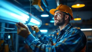A photograph of a skilled lighting contractor examining a traditional fluorescent fixture with its ballast