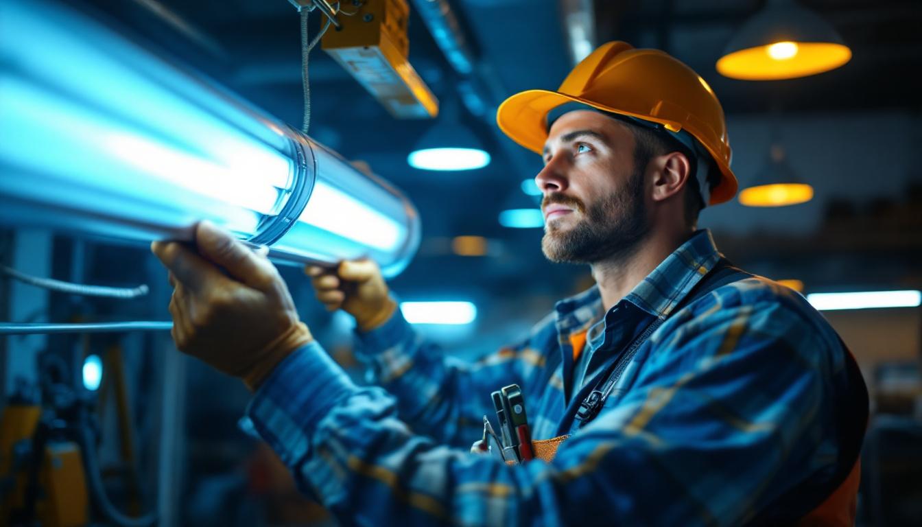 A photograph of a skilled lighting contractor examining a traditional fluorescent fixture with its ballast