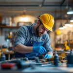 A photograph of a skilled lighting contractor at work