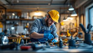 A photograph of a skilled lighting contractor at work