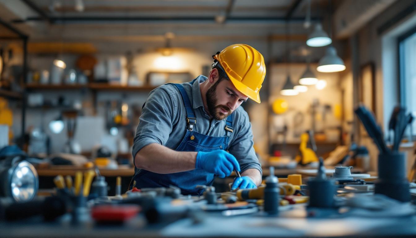 A photograph of a skilled lighting contractor at work