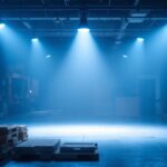 A photograph of a well-lit workshop or construction site showcasing various lighting fixtures