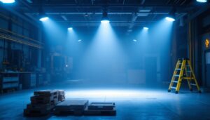 A photograph of a well-lit workshop or construction site showcasing various lighting fixtures