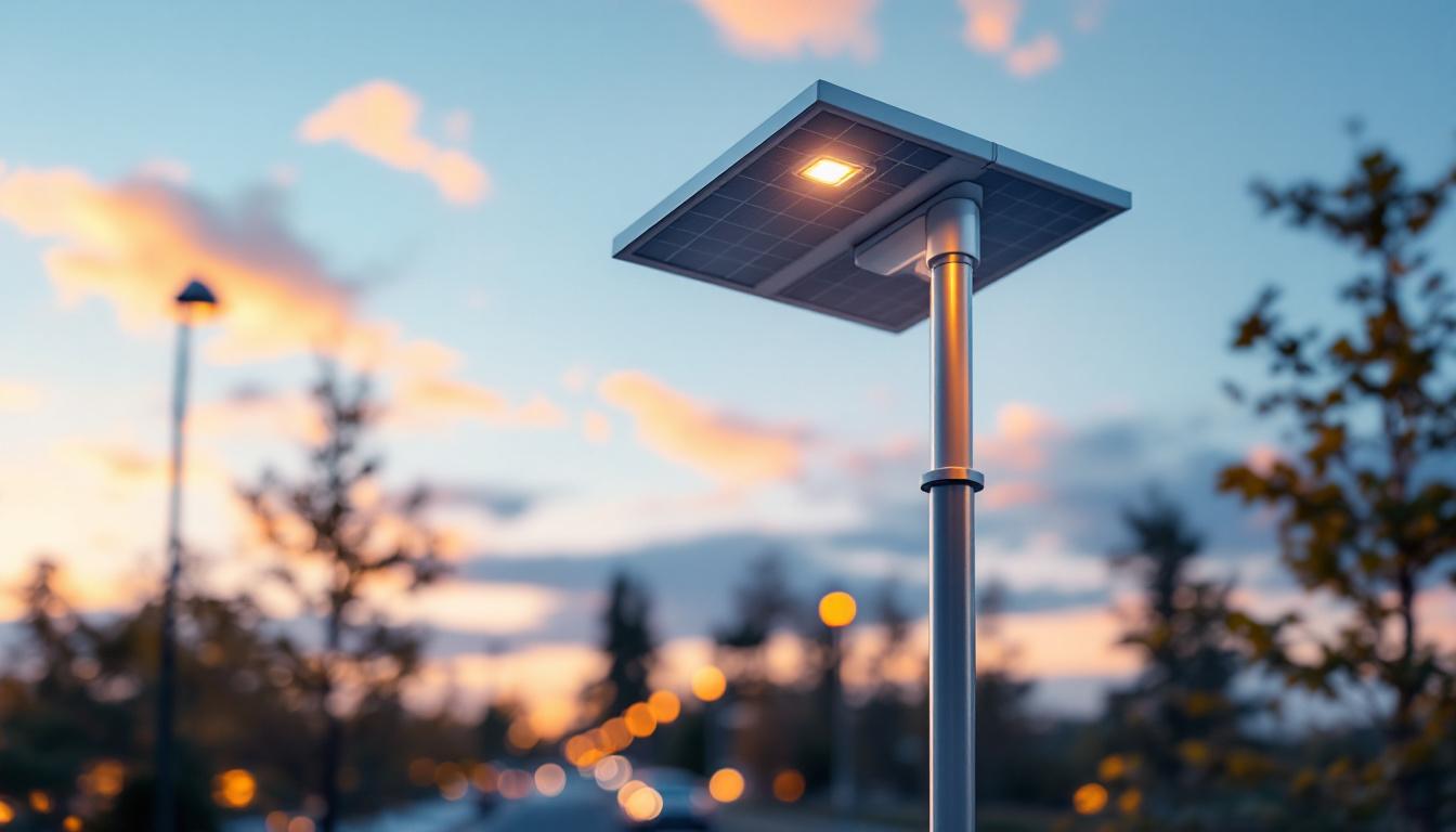 A photograph of a solar light pole installed in an outdoor setting