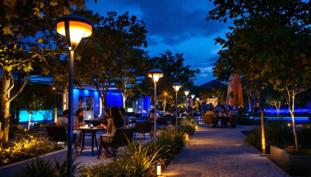 A photograph of a vibrant outdoor setting illuminated by sleek