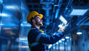 A photograph of a professional lighting contractor installing or showcasing led wall pack lights in a commercial setting