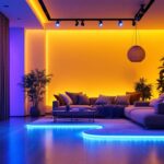 A photograph of a vibrant installation of led tape lighting in a modern interior setting