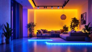 A photograph of a vibrant installation of led tape lighting in a modern interior setting