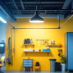 A photograph of a well-lit garage interior featuring an 8-foot led garage light installed on the ceiling
