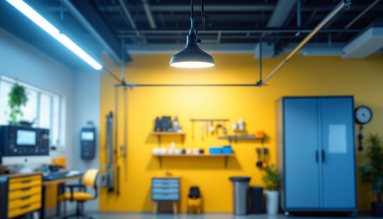 A photograph of a well-lit garage interior featuring an 8-foot led garage light installed on the ceiling