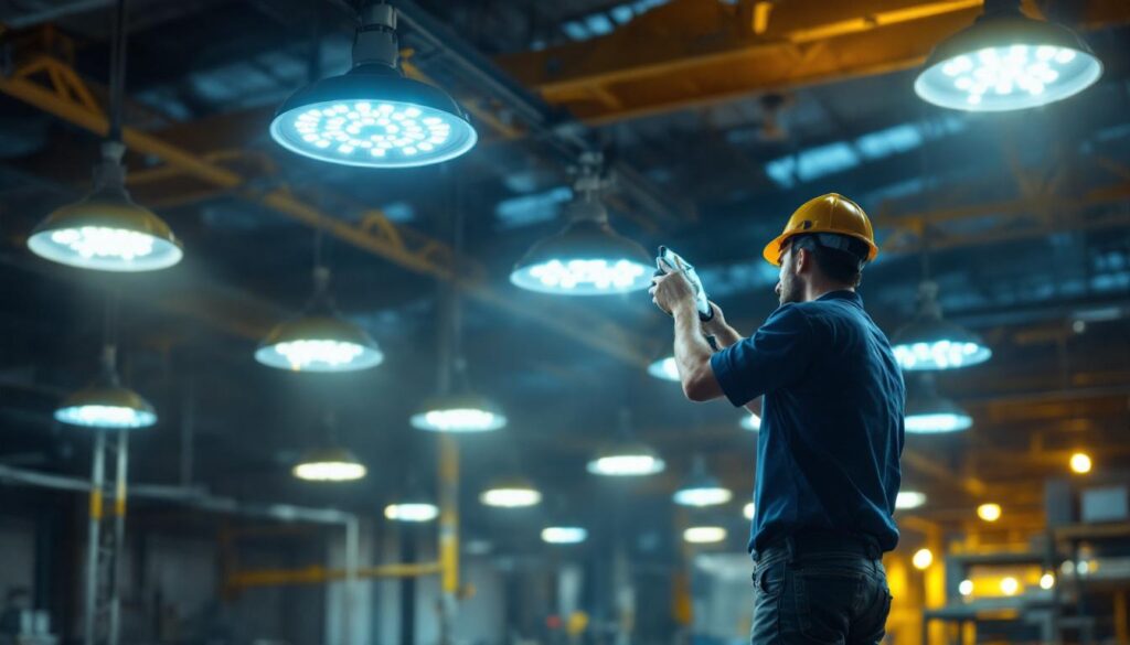 A photograph of a well-lit industrial or commercial space showcasing led high bay lights in action