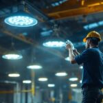 A photograph of a well-lit industrial or commercial space showcasing led high bay lights in action