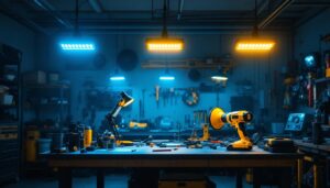 A photograph of a well-lit workshop or garage featuring multiple 8-foot led shop lights in action