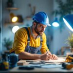 A photograph of a lighting contractor at work