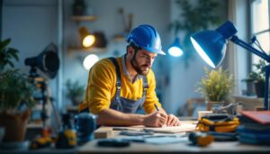 A photograph of a lighting contractor at work