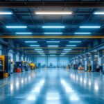 A photograph of a spacious industrial or commercial setting showcasing linear high bay lights illuminating the area