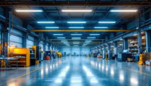 A photograph of a spacious industrial or commercial setting showcasing linear high bay lights illuminating the area