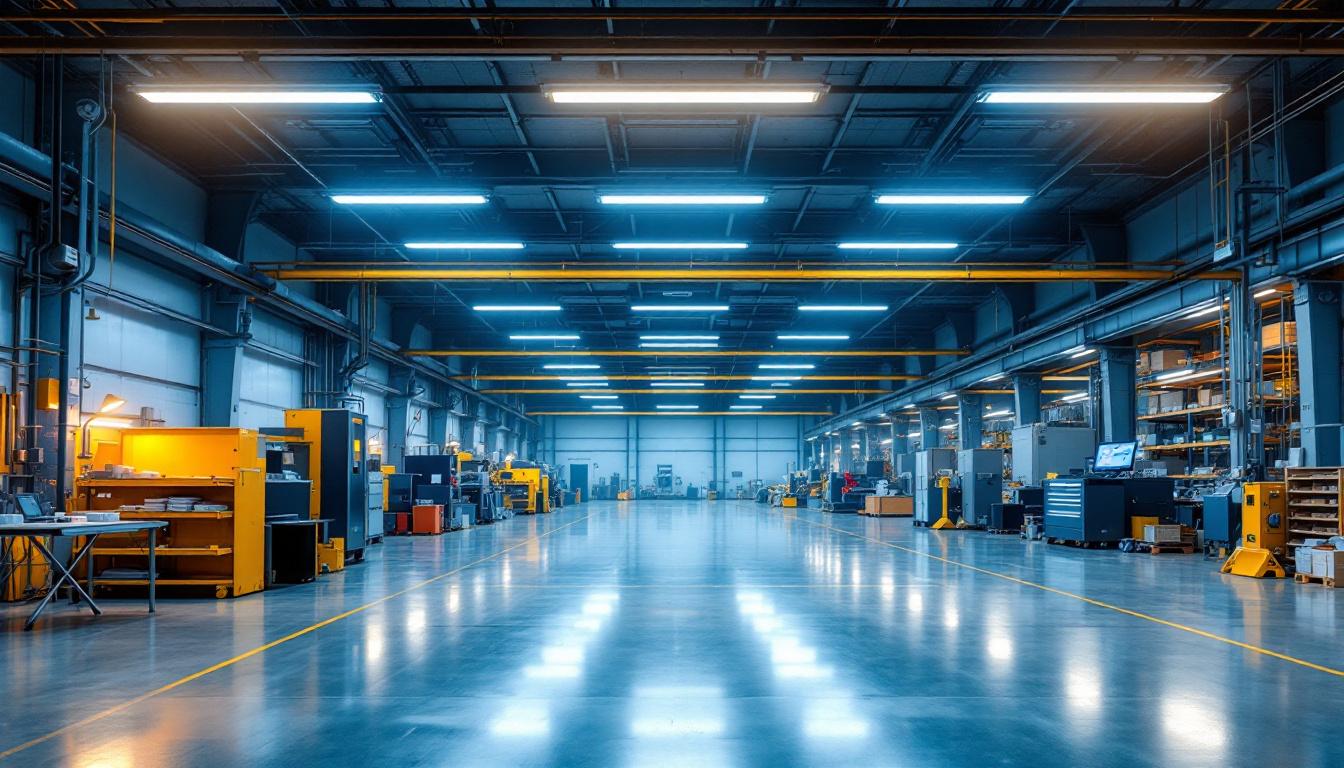 A photograph of a spacious industrial or commercial setting showcasing linear high bay lights illuminating the area