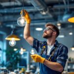 A photograph of a skilled lighting contractor meticulously replacing hanging light fixtures in a well-lit