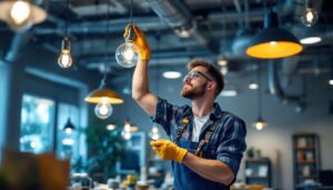 A photograph of a skilled lighting contractor meticulously replacing hanging light fixtures in a well-lit