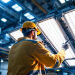 A photograph of a well-lit industrial space showcasing high bay led lights in action