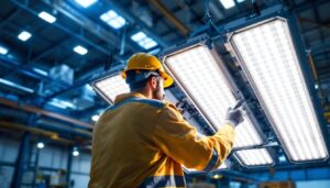 A photograph of a well-lit industrial space showcasing high bay led lights in action
