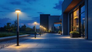 A photograph of a well-lit outdoor commercial space featuring various styles of bollard lights in use