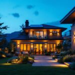 A photograph of a beautifully illuminated outdoor space featuring various styles of solar outdoor lights