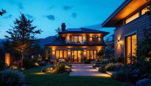 A photograph of a beautifully illuminated outdoor space featuring various styles of solar outdoor lights
