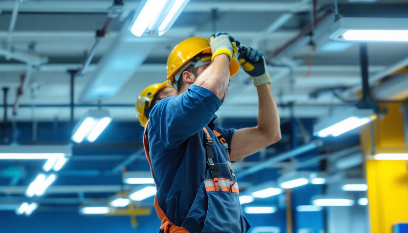 A photograph of a well-lit commercial space featuring fluorescent light fixtures installed in a suspended ceiling