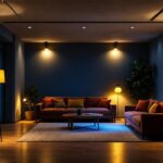 A photograph of a well-lit basement space showcasing various lighting solutions