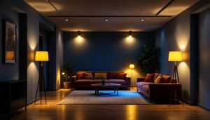 A photograph of a well-lit basement space showcasing various lighting solutions