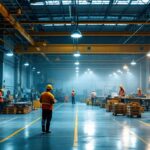 A photograph of a well-lit industrial space showcasing low bay led shop lights in action