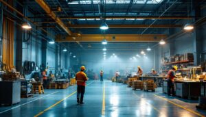 A photograph of a well-lit industrial space showcasing low bay led shop lights in action