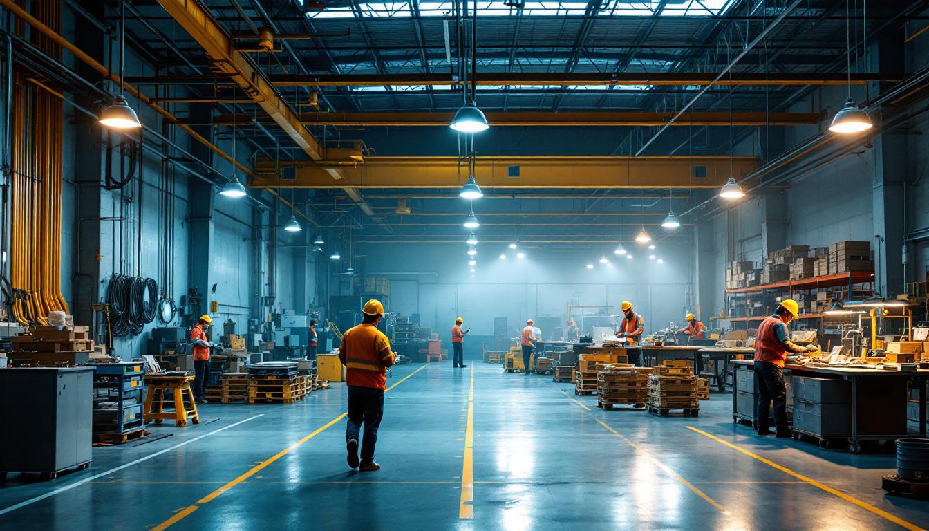 A photograph of a well-lit industrial space showcasing low bay led shop lights in action