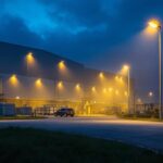 A photograph of an industrial setting illuminated by high-efficiency flood lights