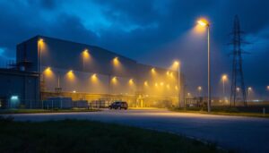 A photograph of an industrial setting illuminated by high-efficiency flood lights