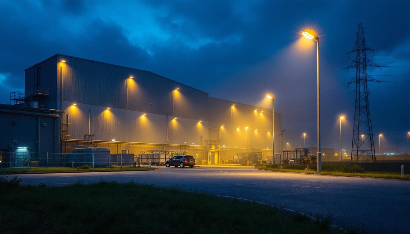 A photograph of an industrial setting illuminated by high-efficiency flood lights