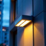 A photograph of a sleek and modern led wall pack fixture installed on a building exterior