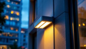 A photograph of a sleek and modern led wall pack fixture installed on a building exterior
