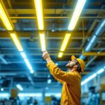 A photograph of a brightly lit commercial space showcasing fluorescent strip lights in action