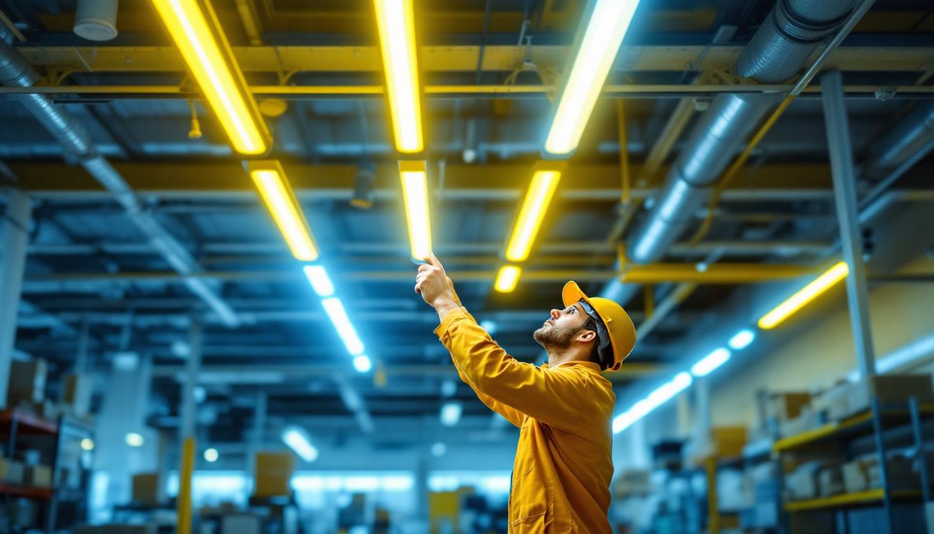 A photograph of a brightly lit commercial space showcasing fluorescent strip lights in action