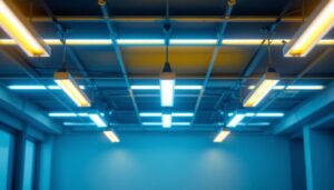 A photograph of a well-lit interior space featuring suspended ceiling fluorescent lights