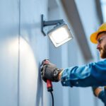 A photograph of a lighting contractor expertly installing a flood light mounting bracket on a building exterior